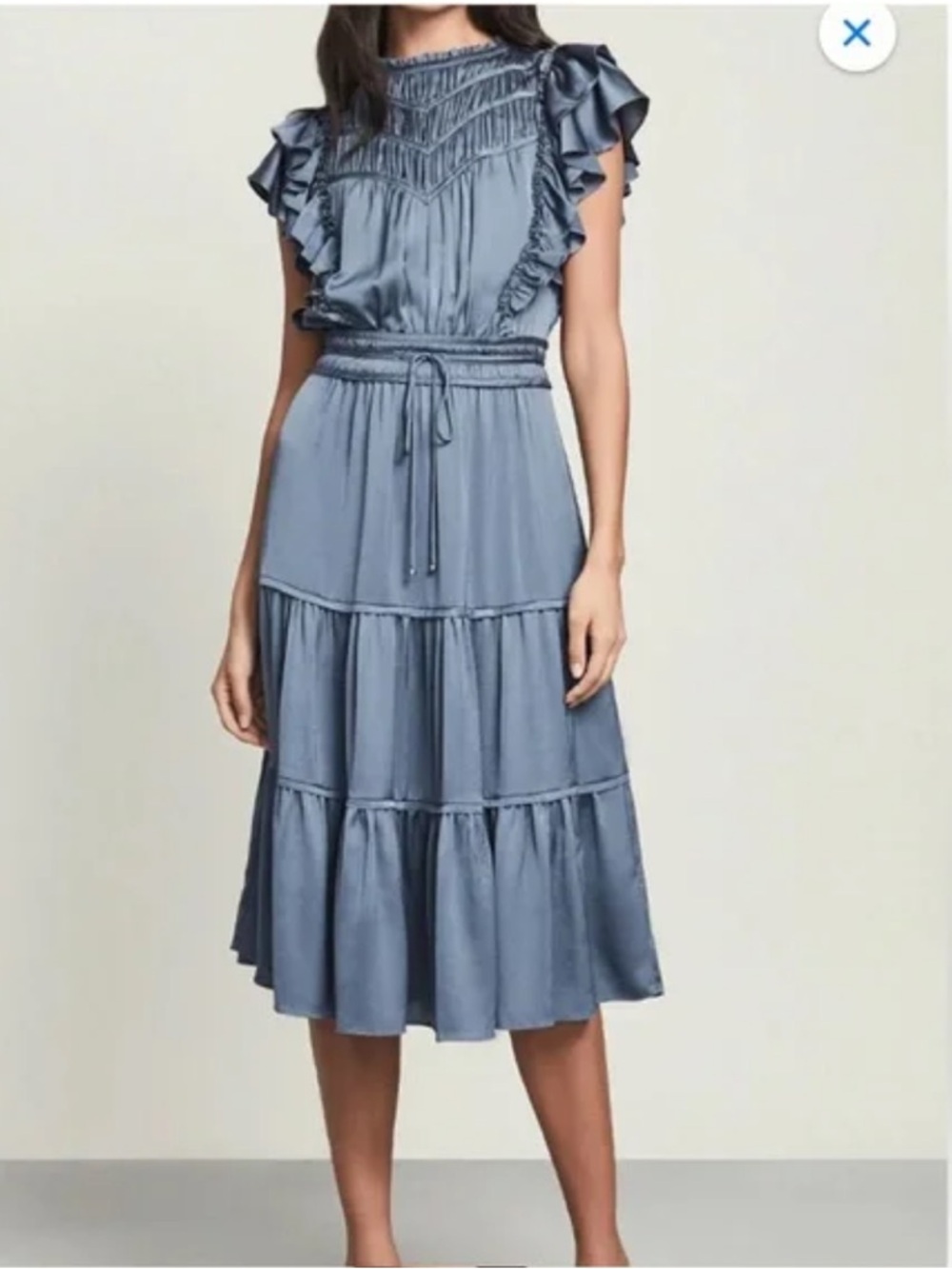 Veronica Beard Snover Smocked Ruffle Midi Dress in Dusty Blue